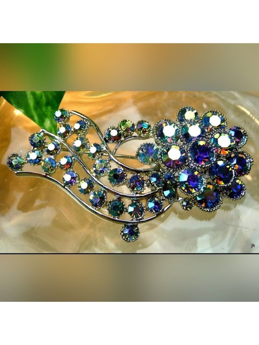 BSK VINTAGE DESIGNER SIGNED 3" BLUE AB RHINESTONE FLOWER FLORAL SPRAY PIN,EARRIN